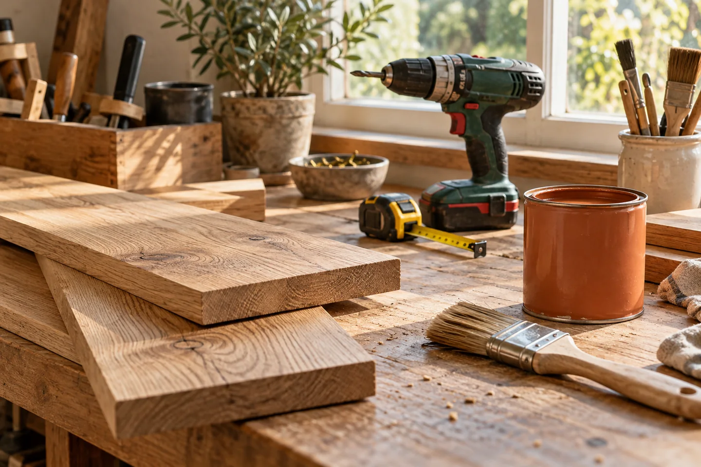 Tools and materials on a home DIY workbench
